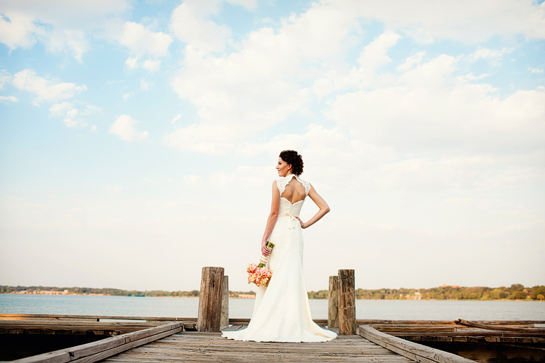 romantic and natural bridal portraits on a fishing dock at White Rock Lake by Dallas wedding photographer Allison Davis Photography