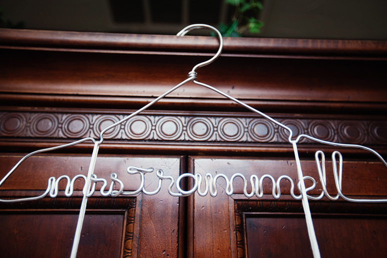 wedding day details of the hanger for the wedding dress