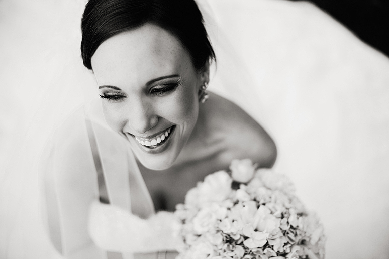 classic black and white photograph of a happy bride at Park Cities Baptist Church