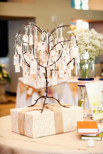 wedding day details of the rustic-inspired table seating assignments on a tree at Prestonwood