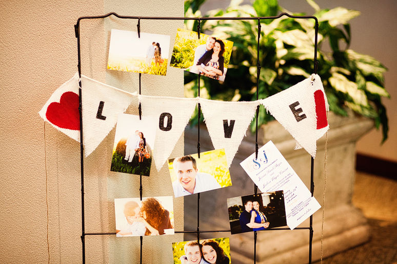 wedding day details of the rustic-inspired photo board at Prestonwood