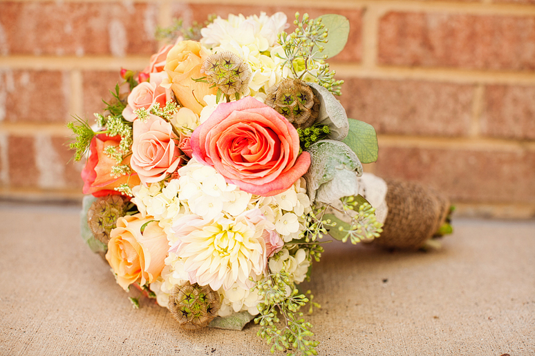 wedding day details of the rustic-inspired bridal bouquet at Prestonwod