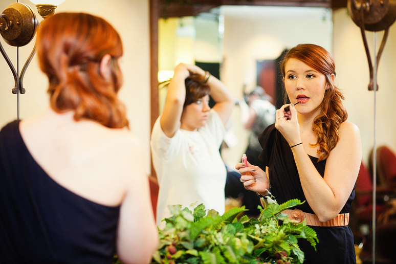 bridesmaids getting ready in the bridal suite at Prestonwood Baptist Church by Dallas wedding photographer Allison Davis Photography