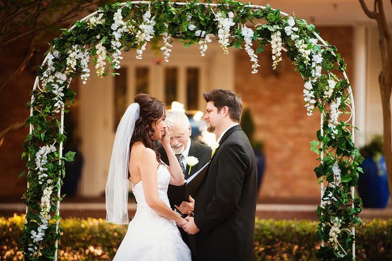 emotional bride moment at outdoor wedding ceremony in North Texas at the canyon creek country club by dallas wedding photographer Allison Davis Photography