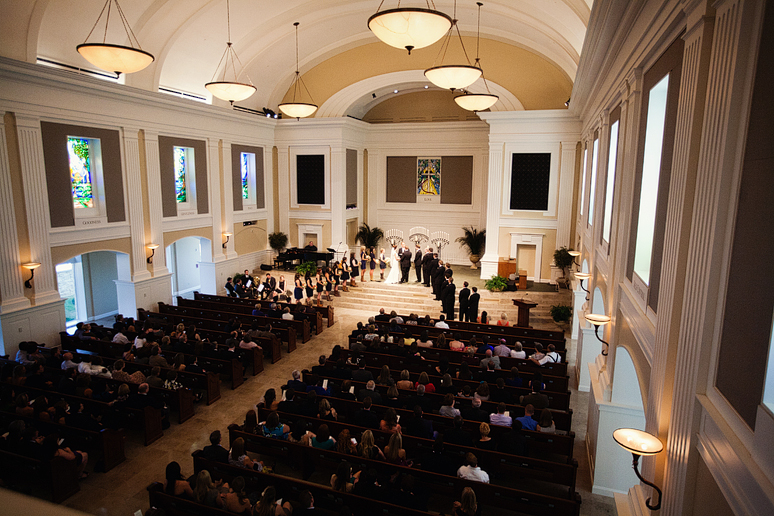 wide shot from the balcony of wedding ceremony at Prestonwood's Chapel by Allison Davis Photography