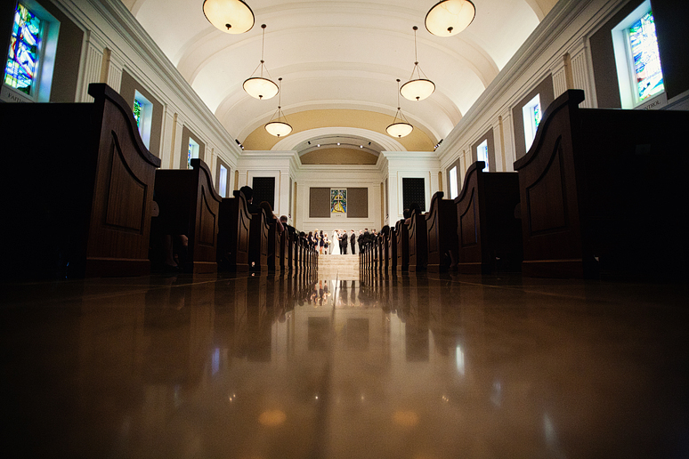 wide shot of wedding ceremony at Prestonwood's Chapel by Allison Davis Photography