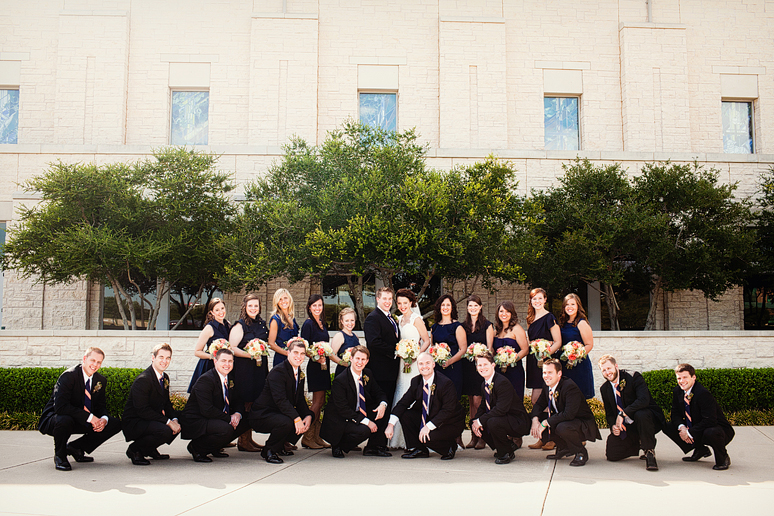 Large bridal party portrait outside the Prestonwood Chapel by Dallas wedding photographer Allison Davis