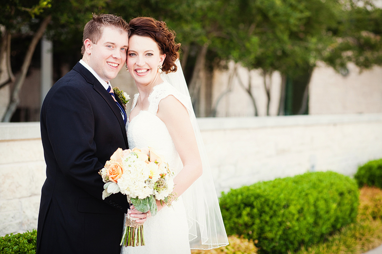 bride and groom portraits outside in front of the Prestonwood Chapel by Plano wedding photographer Allison Davis