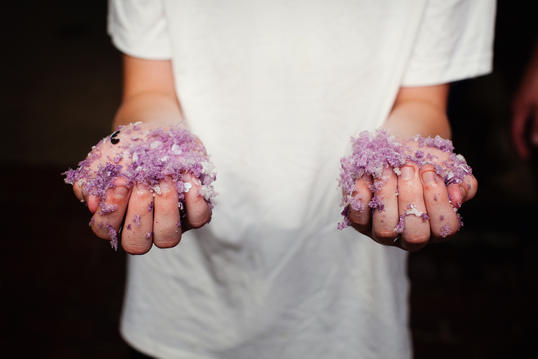 fake purple snow wedding exit