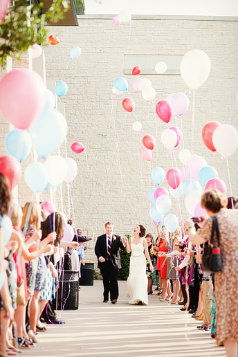 grand wedding exit with a balloon send off by Dallaswedding photographer Allison Davis Photography at Prestonwood Baptist Church