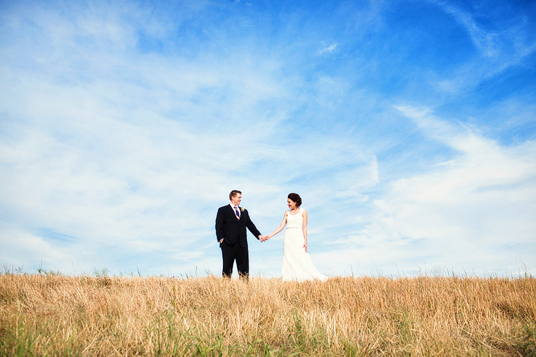 bride and groom atop a tall hill with tall grass by Dallas wedding photographer Allison Davis Photography