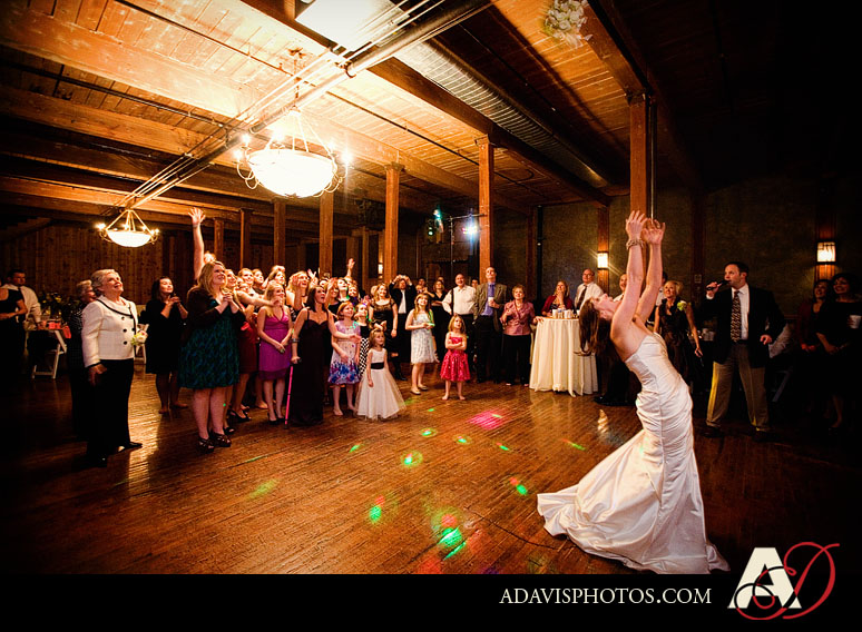 North Texas Wedding Reception Bouquet Toss at The McKinney Cotton Mill by Dallas Wedding Photographer Allison Davis Photography