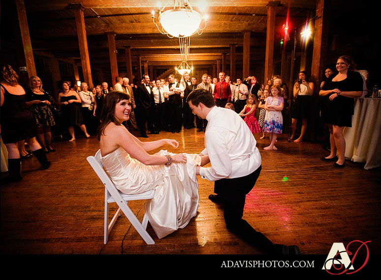 North Texas Wedding Reception Garter Toss at The McKinney Cotton Mill by Dallas Wedding Photographer Allison Davis Photography