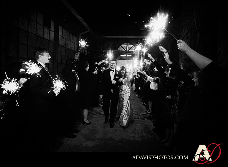 North Texas Wedding Reception Sparkler Exit at The McKinney Cotton Mill by Dallas Texas Wedding Photographer Allison Davis Photography