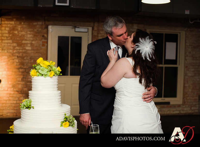 Dallas wedding reception cake cutting photographs at the Filter Building at White Rock Lake by Plano Texas Wedding Photographer Allison Davis Photography 