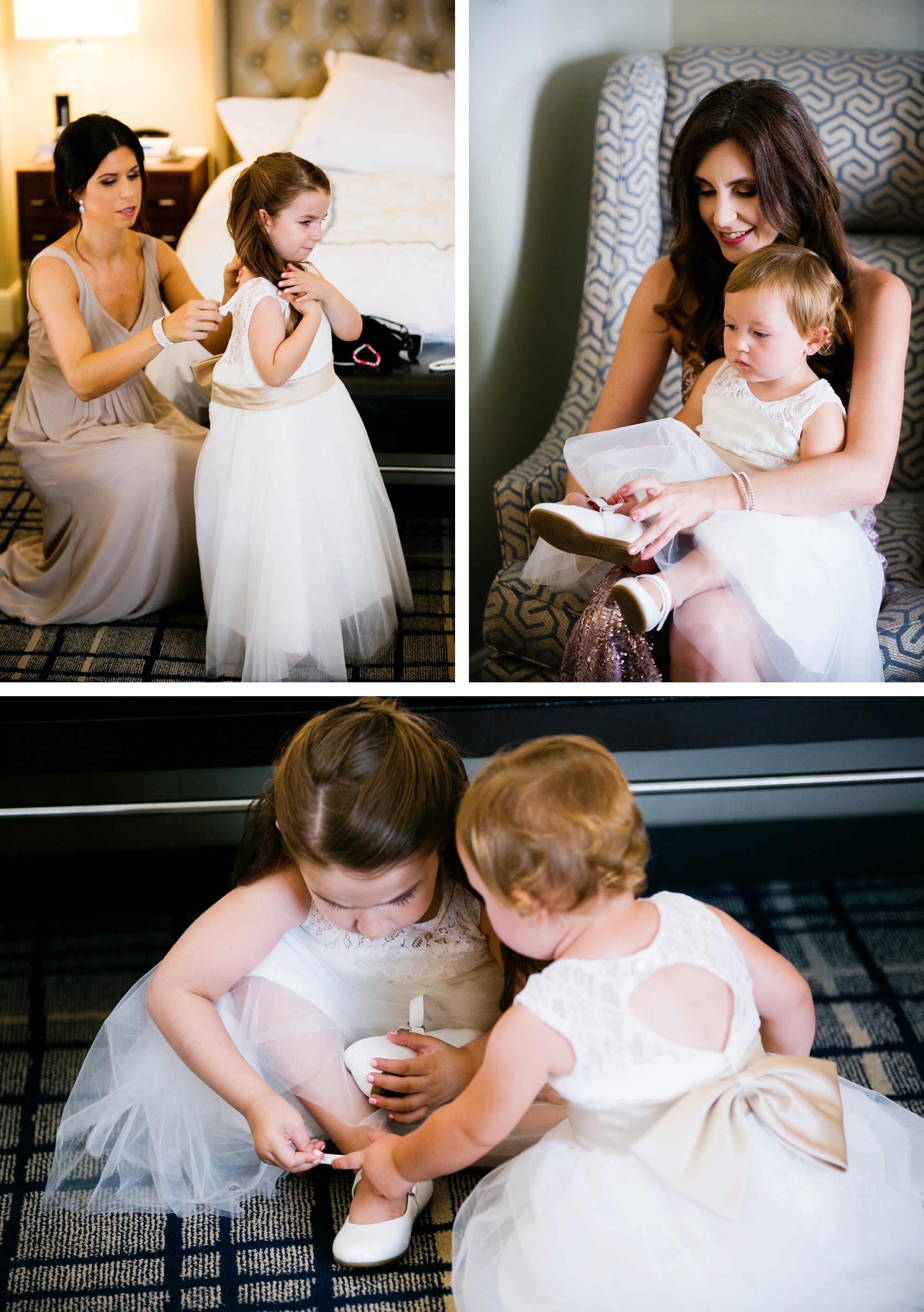 Flower girls getting ready on wedding day at bridal suite at Adolphus Hotel