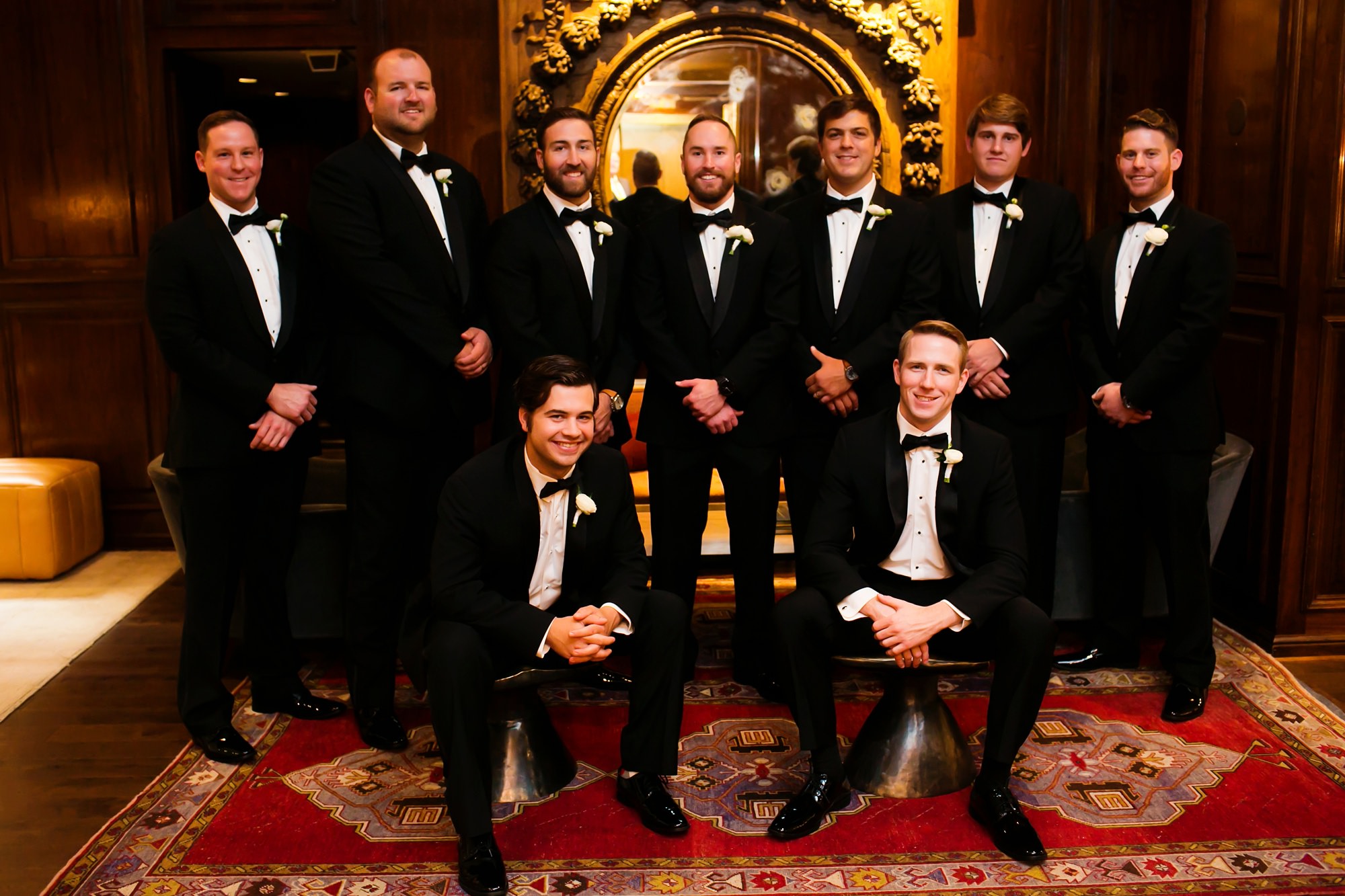 Groomsmen portrait in the lobby of the Adolphus Hotel Dallas