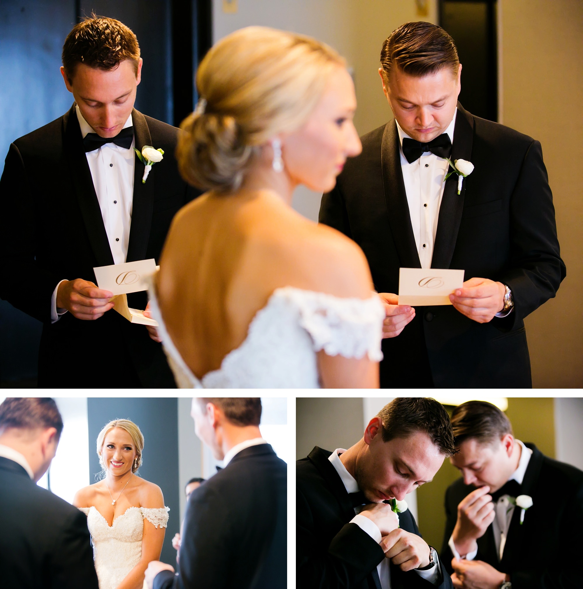 Bride giving brothers gift cufflinks on her wedding day at the Adolphus