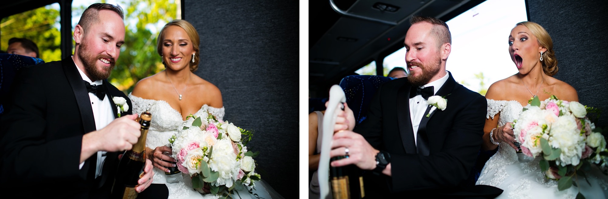 Bride and groom popping champagne after wedding ceremony