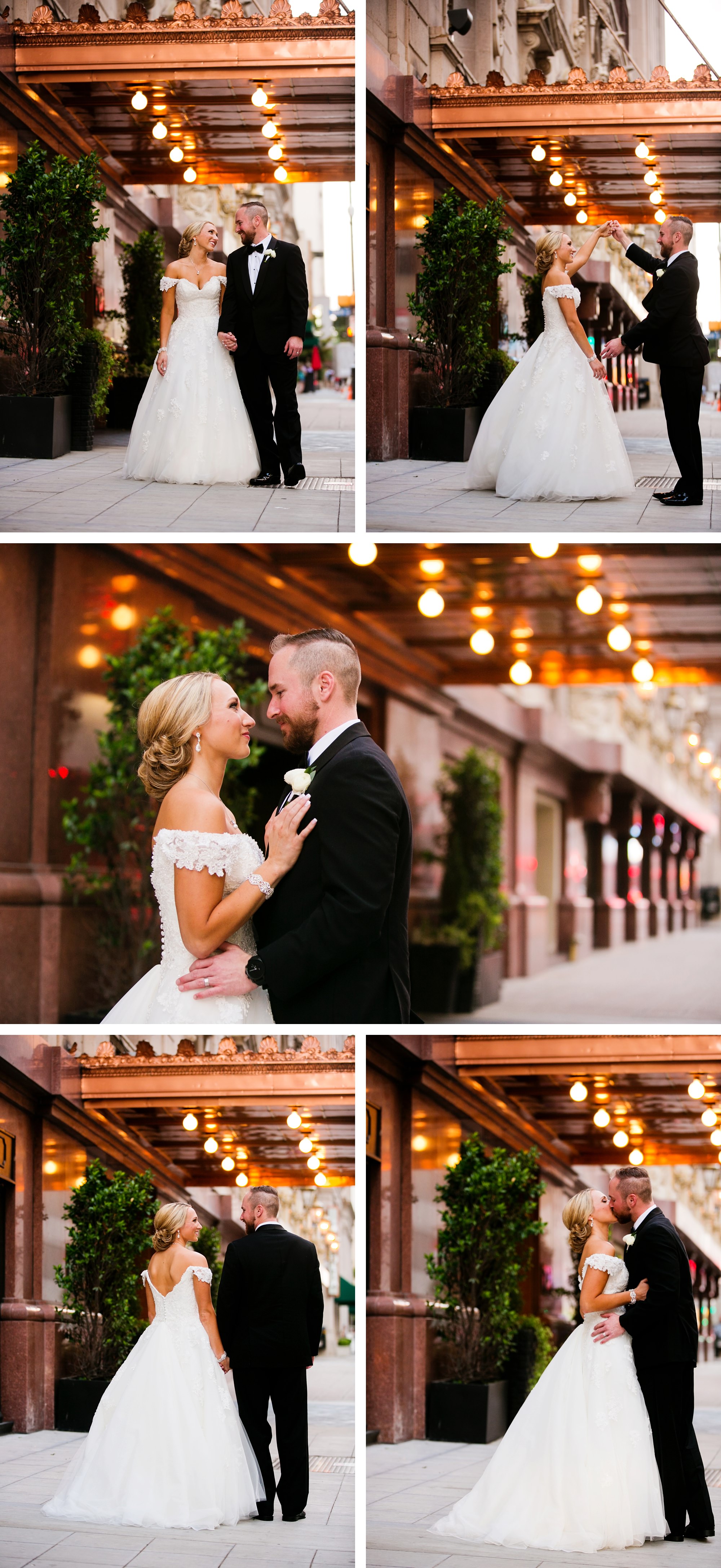 beautiful and timeless wedding day portraits of bride and groom in downtown Dallas at the Adolphus Hotel