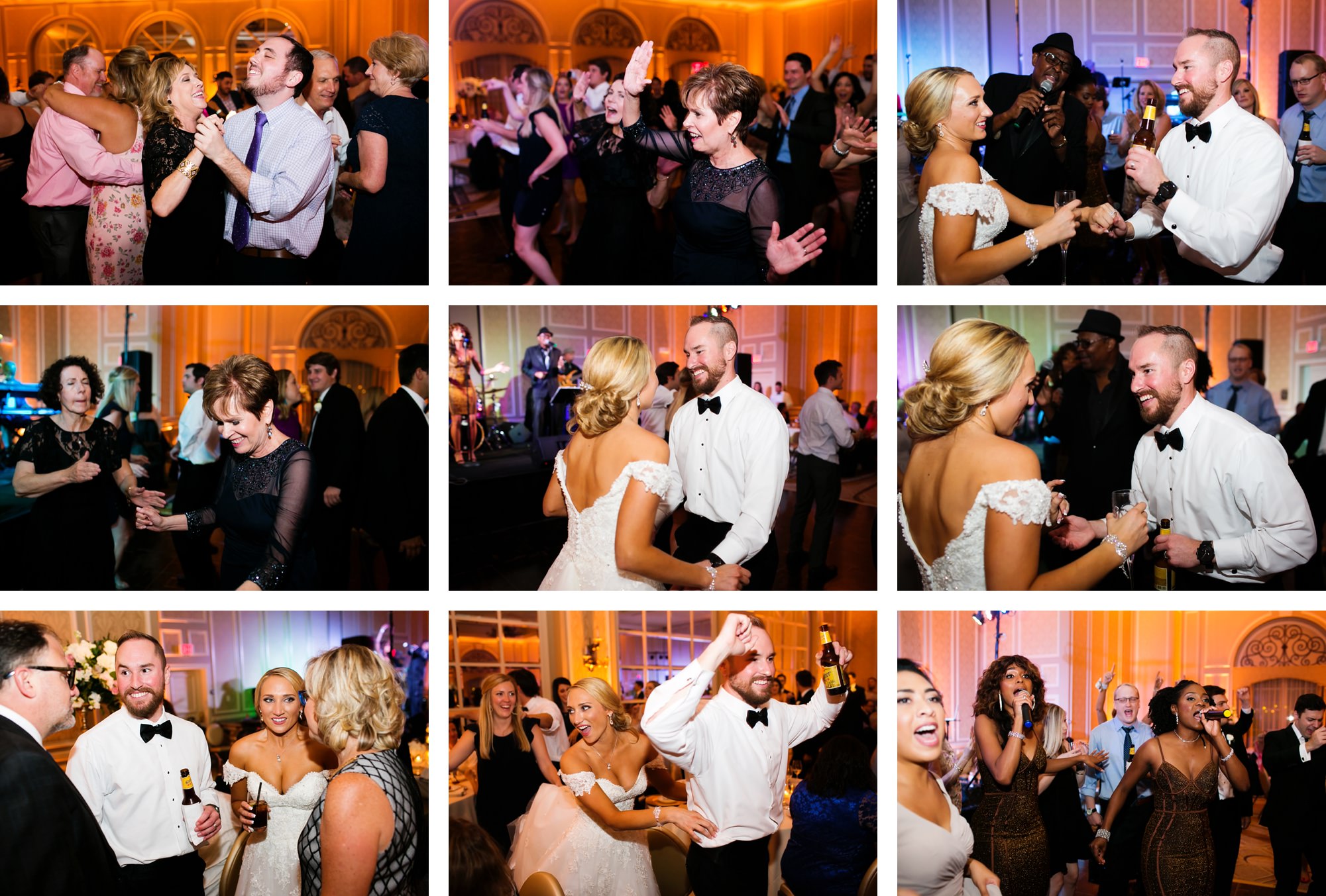 Dancing and party pictures at a wedding reception at the Adolphus Hotel