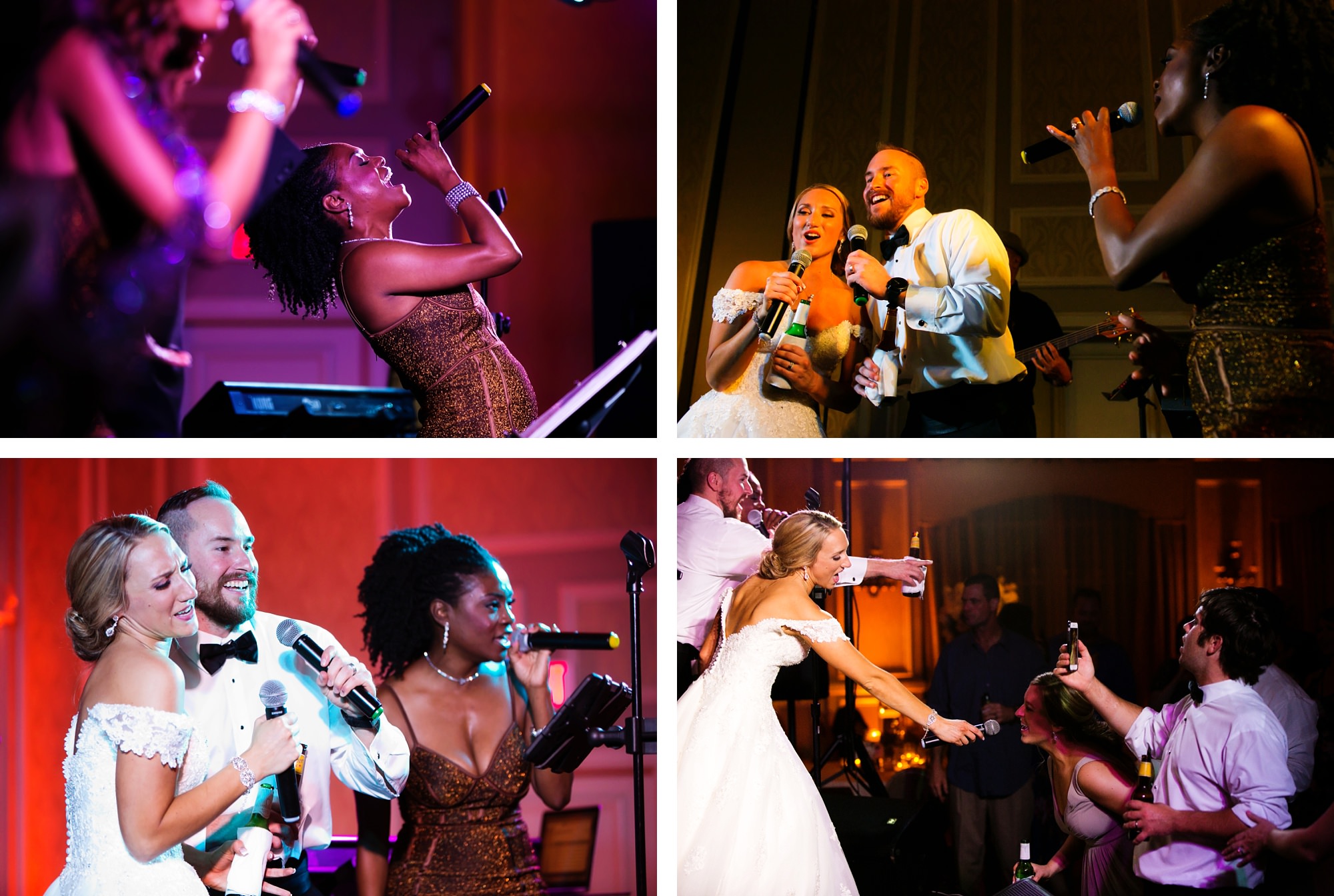 Bride and groom singing with band on their wedding day at the Adolphus Hotel
